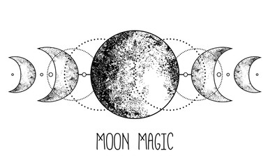 Triple moon pagan Wicca moon goddess symbol. Three-faced Goddess: Maiden – Mother – Crone vector illustration.  Tattoo, astrology, alchemy, boho and magic symbol. - obrazy, fototapety, plakaty
