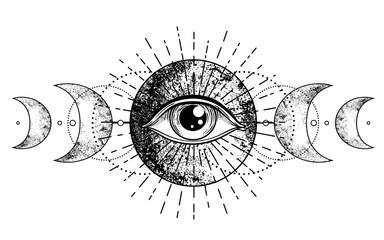 Oko Opatrzności. Symbol masoński. Wszyscy widzą oko w potrójnym księżycu pogańskim symbolu bogini księżyca Wicca. Ilustracji wektorowych. Tatuaż, astrologia, alchemia, boho i magiczny symbol.