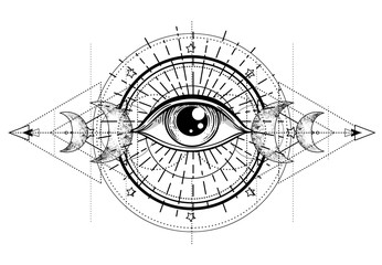 Eye of Providence. Masonic symbol. All seeing eye inside triple moon pagan Wicca moon goddess symbol. Vector illustration. Tattoo, astrology, alchemy, boho and magic symbol. - obrazy, fototapety, plakaty