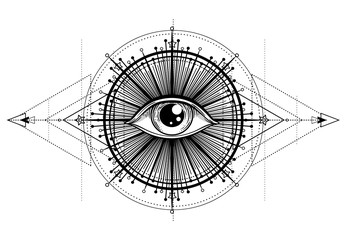 Eye of Providence. Masonic symbol. All seeing eye inside triple moon pagan Wicca moon goddess symbol. Vector illustration. Tattoo, astrology, alchemy, boho and magic symbol.