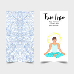 Yoga card design. Beautiful Caucasian Man sitting in Lotus position. Colorful template for spiritual retreat or yoga studio. Ornamental business cards. Vector illustration.
