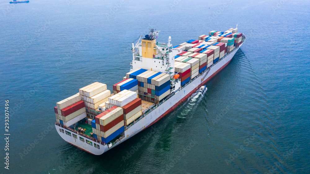 Wall mural Container ship in export and import business and logistics, Aerial view container cargo shipping. - Wall murals