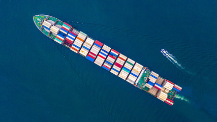 Container ship in export and import business and logistics, Aerial view container cargo shipping.