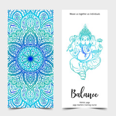 Hindu Lord Ganesha. Yoga card design. Colorful template for spiritual retreat or yoga studio. Ornamental business cards, oriental pattern.