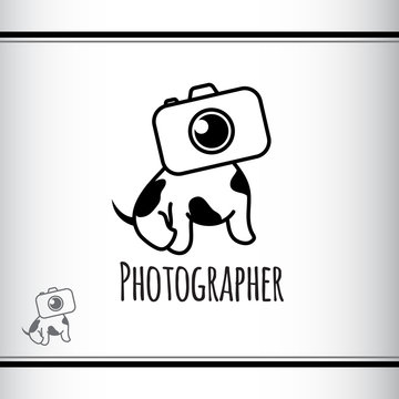 Vector logo design for photographer studio. Cute puppy with head like camera. Black and white. Dog with spots. Dog s photographer.