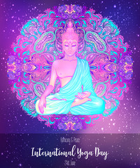 Yoga card design. Colorful template for spiritual retreat or yoga studio. Ornamental business cards, oriental pattern. Vector illustration.