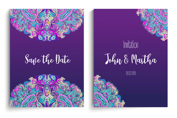 Beautiful Indian floral ornament for wedding invitation. Save the date card design. Ornamental, oriental pattern. Vector illustration.