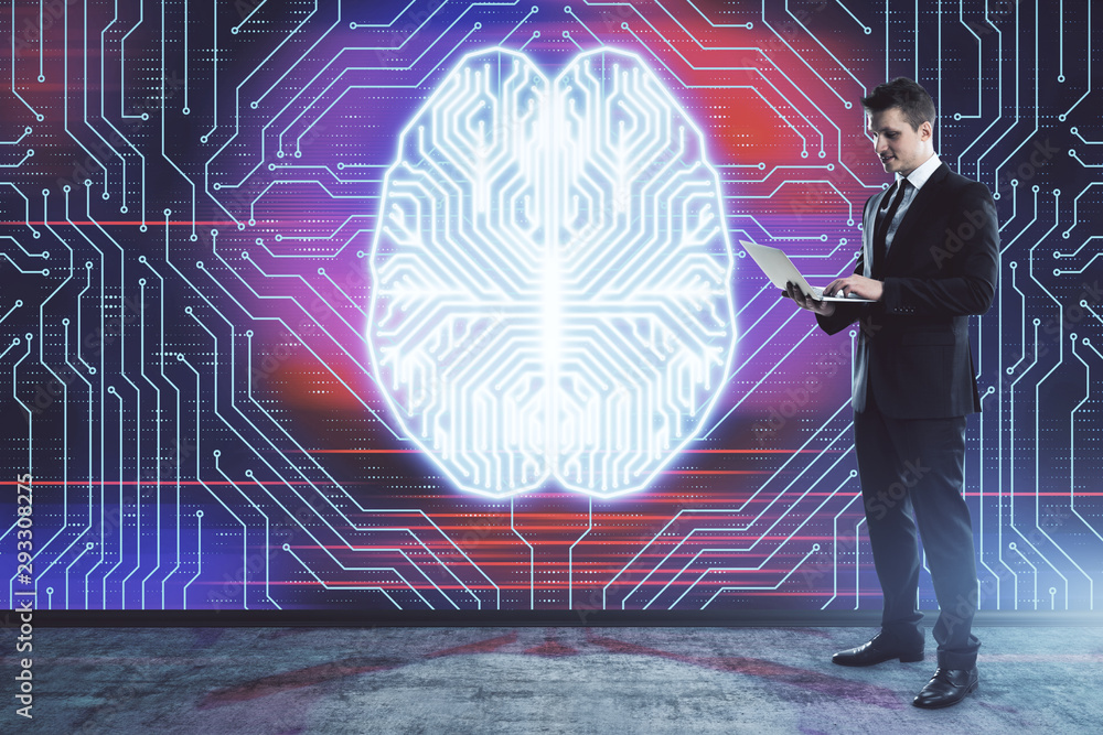 Poster man and brain icon hologram. double exposure. concept of data development