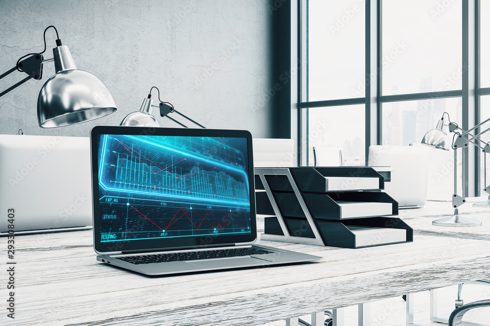 Poster desktop interior with computer, table and chair. business drawing on screen. 3d rendering.