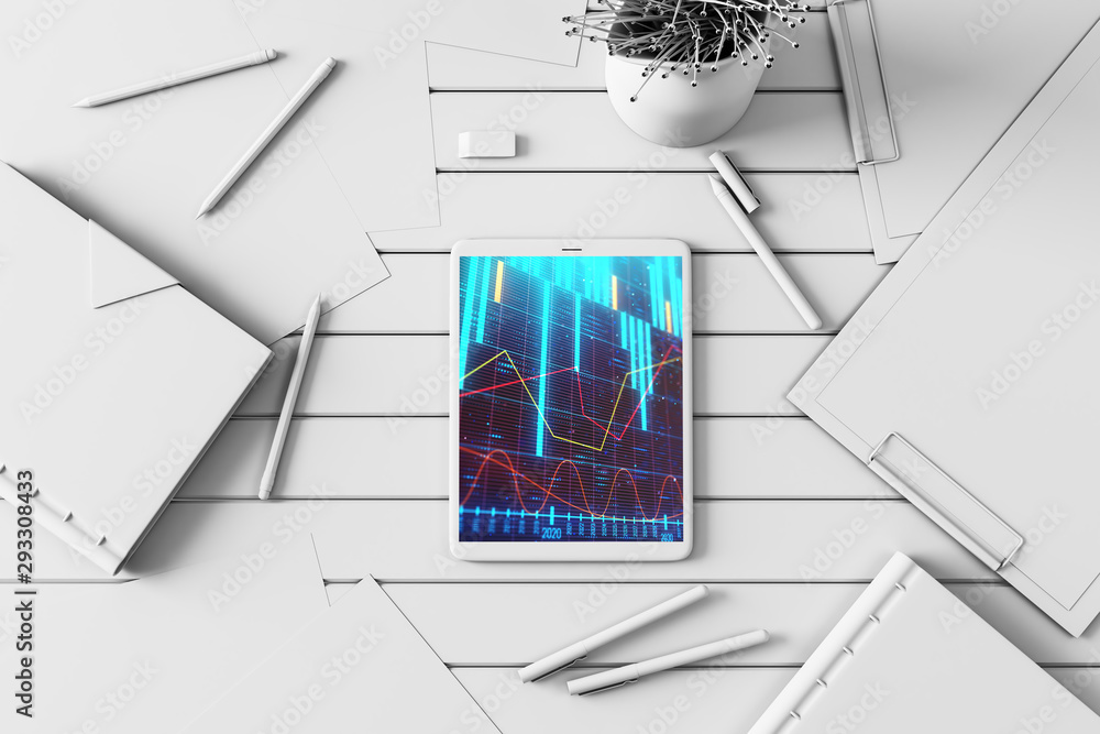 Poster digital tablet closeup top view with financial graph on screen. online trading application concept. 