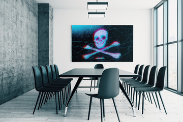 Conference room interior with hacking picture on screen monitor on the wall. Data safety concept. 3d rendering.