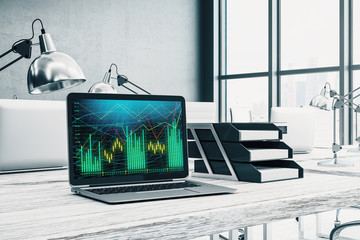 Fototapeta premium Cabinet desktop interior with financial charts and graphs on computer screen. Concept of stock market analysis and trading. 3d rendering.