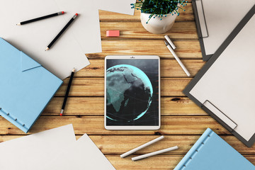 Digital tablet closeup top view with financial graph and partial world map on screen. Online international trading application concept. 3d rendering.