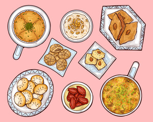 Arab sweets top view. Arabian ramadan food kunafa, maamul, rice pudding. Oriental cuisine pastry on porcelain plates with traditional ethnic ornaments, eastern culinary Cartoon vector illustration