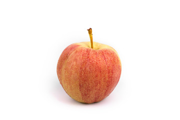 Red and yellow spotted ripe rustic wet apple on white background