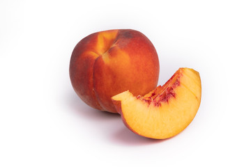 One slice of peach on front view and a whole peach on back view