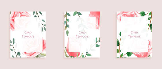 Set of modern card templates. Decorated with roses. Aim used for wedding, invitation, menu, greeting card, magazine, cover, and more.