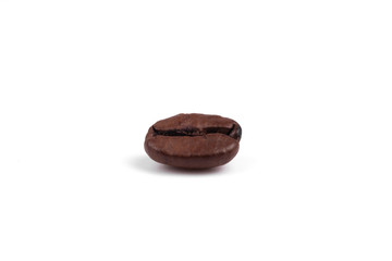 One isolated coffee bean laying on its side on white background