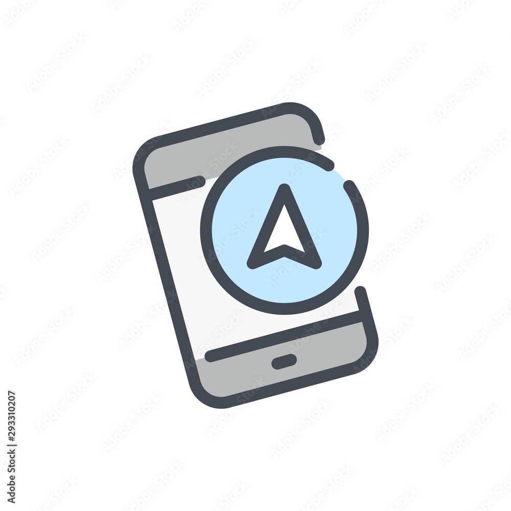 Poster gps navigation color line icon. mobile phone with navigator vector outline colorful sign.