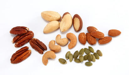 Mixed nuts are a snack food consisting of any mixture of mechanically or manually combined nuts.  Almonds, walnuts, Brazil nuts, cashews, hazelnuts, and pecans are common constituents of mixed nuts.