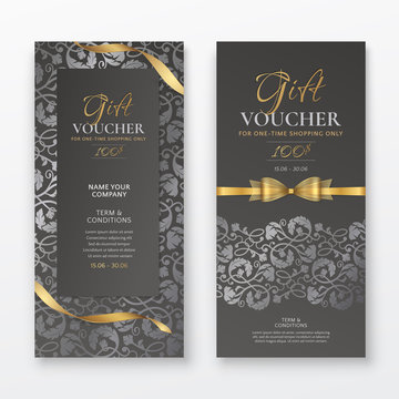 Set of luxury black gift vouchers with gold ribbons, bow and silver vintage floral pattern. Vector elegant vertical template for gift cards, coupons and certificates isolated from background.