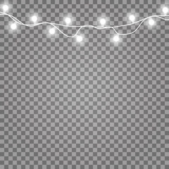 Glowing lights for holidays. Transparent glowing garland. White glowing lights for greeting card design. Garlands, Christmas decorations