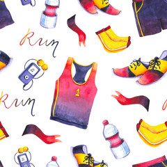 Seamless pattern with male running uniform, player, socks, water, sneakers. Hand drawn watercolor illustration isolated on white. Template is perfect for sports design, wallpaper, fabric textile