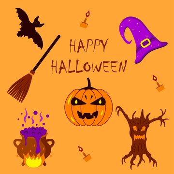 Set of stickers, witch hat, broom, magic potion, pumpkin Jack, bat, candles, monster tree. Halloween flat illustration vector