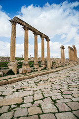 Colonnaded street in the ancient roman city of Jerash, Gerasa Governorate, Jordan