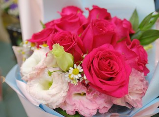 Macro view of colorful blue red green white pink orange purple rose flower bouquet in full blossom