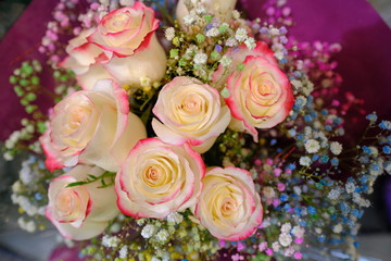 Macro view of colorful blue red green white pink orange purple rose flower bouquet in full blossom