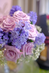 Macro view of colorful blue red green white pink orange purple rose flower bouquet in full blossom