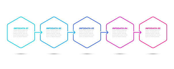 Vector infographic design label with  Hexagon and 5 options, steps, arrows. Can be used for workflow layout, diagram, info chart, presentations, web design.