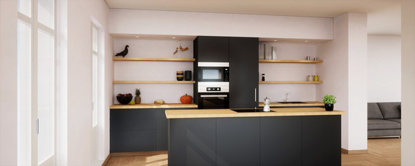 vue 3d cuisine noire avec étagères