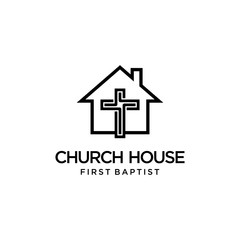 Illustration of a modern small house with a cross inside it logo design
