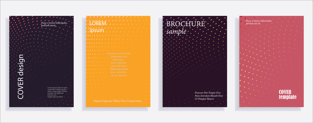 Minimalistic cover design templates. Set of layouts for covers of books, albums, notebooks, reports, magazines. Line halftone gradient effect, flat modern abstract design. Geometric mock-up texture