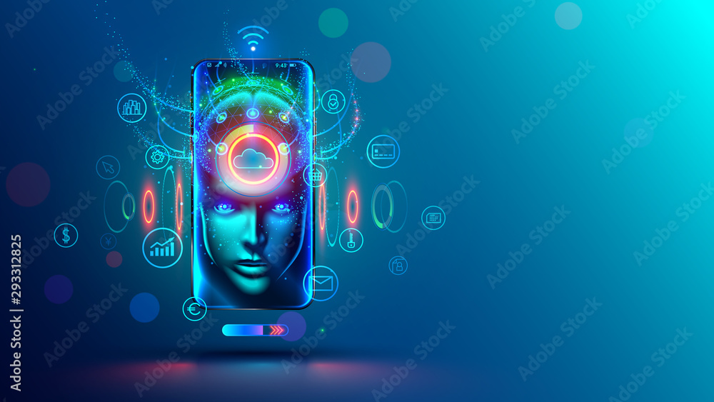 Leinwandbilder AI in phone. Mobile online assistance in phone with artificial intelligence. Chatbot and internet helper in smartphone. App of virtual personal business adviser of web services. Technology concept.