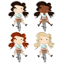 Set Brunette African American Blonde Red Hair Riding A Bike Girls On A White Background Hand Drawn Illustration