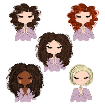 Set Brunette African American Blonde Red Hair Pray Girls Isolated On A White Background Hand Drawn Illustration