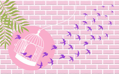 a flock of birds flying on pastel pink brick wall and leaves, crows, swans. bird cages vector illustrator. freedom concept  © sulada