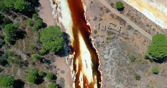 Polluted river in the Rio Tinto in Spain. Environmental pollution because of industries  - aerial view with a drone - industry and environment concept