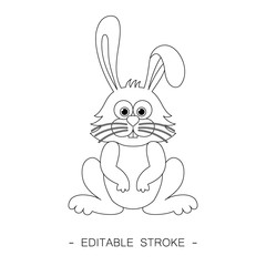 Isolated black outline cartoon sitting bunny, rabbit on white background. Curve lines. Page of coloring book. Editable stroke.