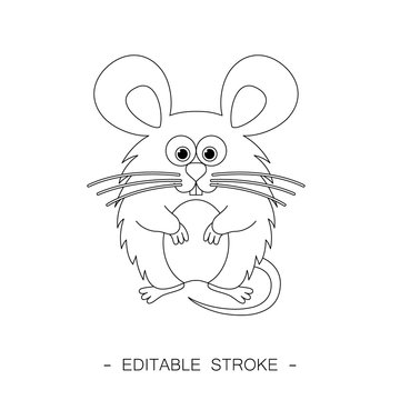 Isolated black outline cartoon sitting mouse on white background. Curve lines. Page of coloring book. Editable stroke.