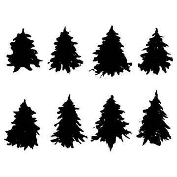 Set of fir tree silhouettes. Black grunge Christmas trees collection. Watercolor spruces isolated on white background. Vector illustration.