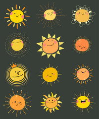 Set of hand drawn vector cute sun icons for summer design.