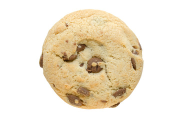 Cookie with dark chocolate chips on the white background. Isolated object for advertising, packaging or other design.