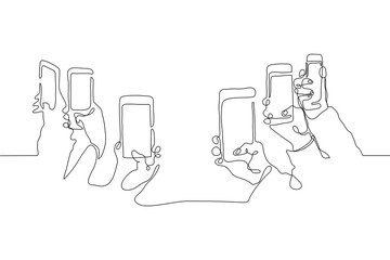 Continuous one line drawing In their hands phones smartphones. Six right hands holding smartphones directed by cameras to an empty center. Can be used for animation, as a mock up. Black line on white