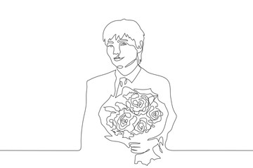 Continuous one line art man holds out a bouquet to the viewer. Attractive handsome man in a suit smiling on a white background. Black line drawing