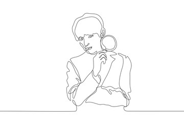 continuous line drawing a young man in a suit crossed his arms on a chest in one of his hands he holds a magnifier and looks at the viewer. The concept of observation, critical consideration, analysis