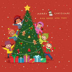 Happy new year and merry Christmas card design. Group of cute kids peeping behind the Christmas tree.